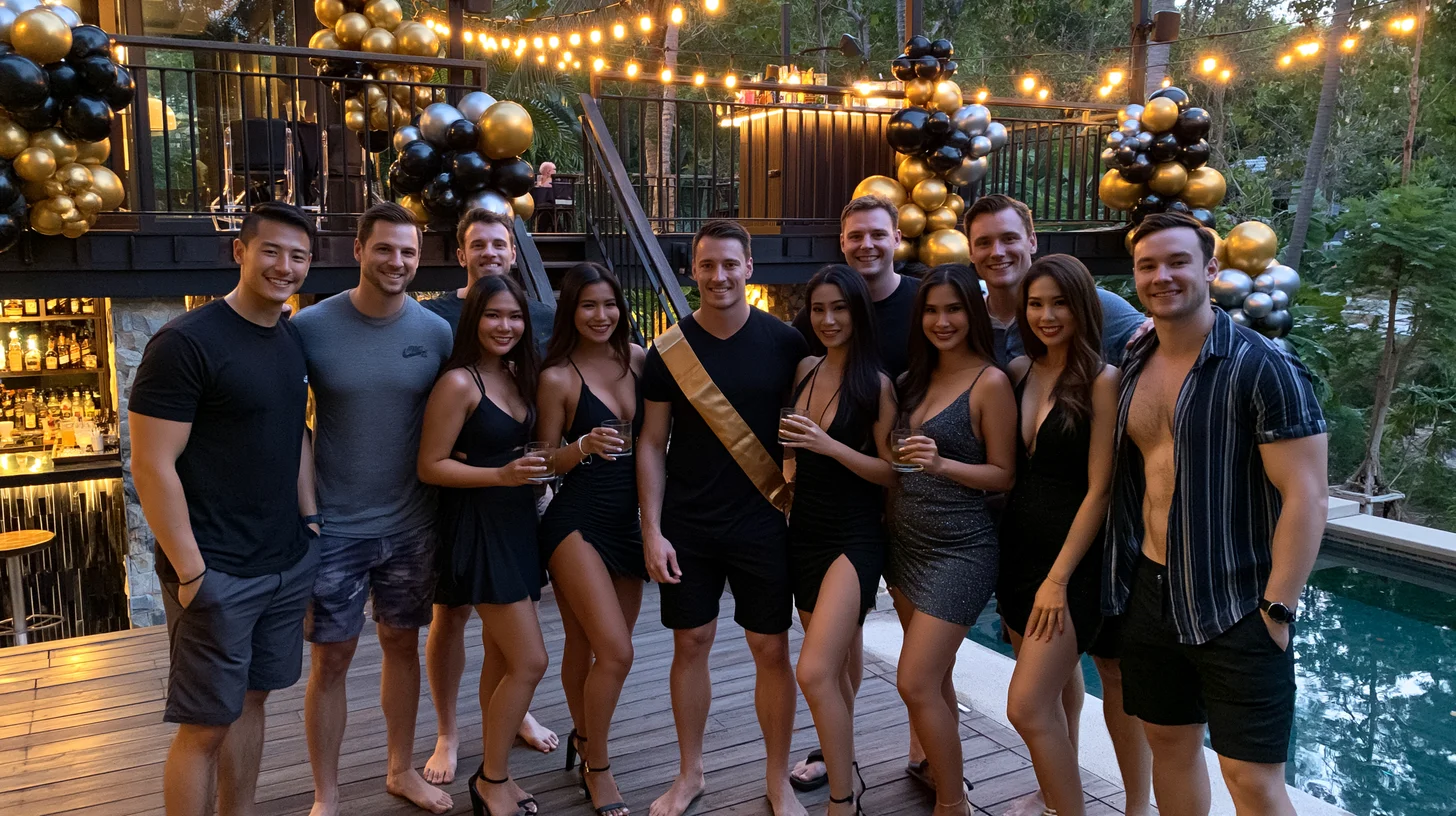 Golden hour toast bachelor party villa pool terrace Pattaya