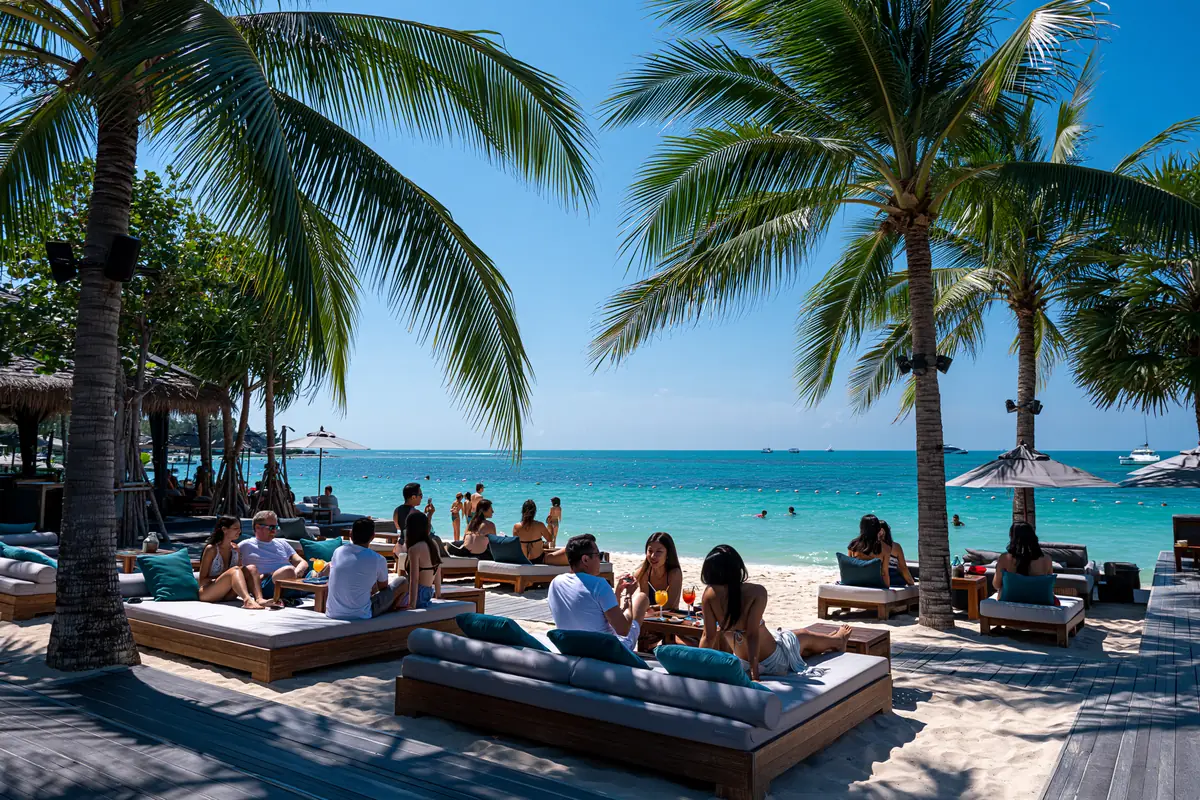 Groupe d'amis detendus sur des lits de plage avec cocktails dans un beach club a Pattaya en journee