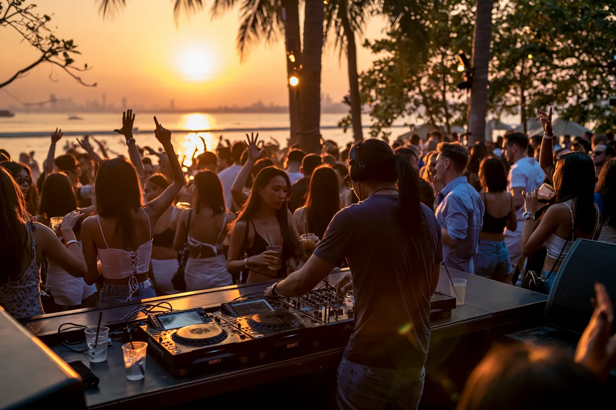 DJ jouant au coucher du soleil dans un beach club a Pattaya, foule dansant face a la mer a l'heure doree
