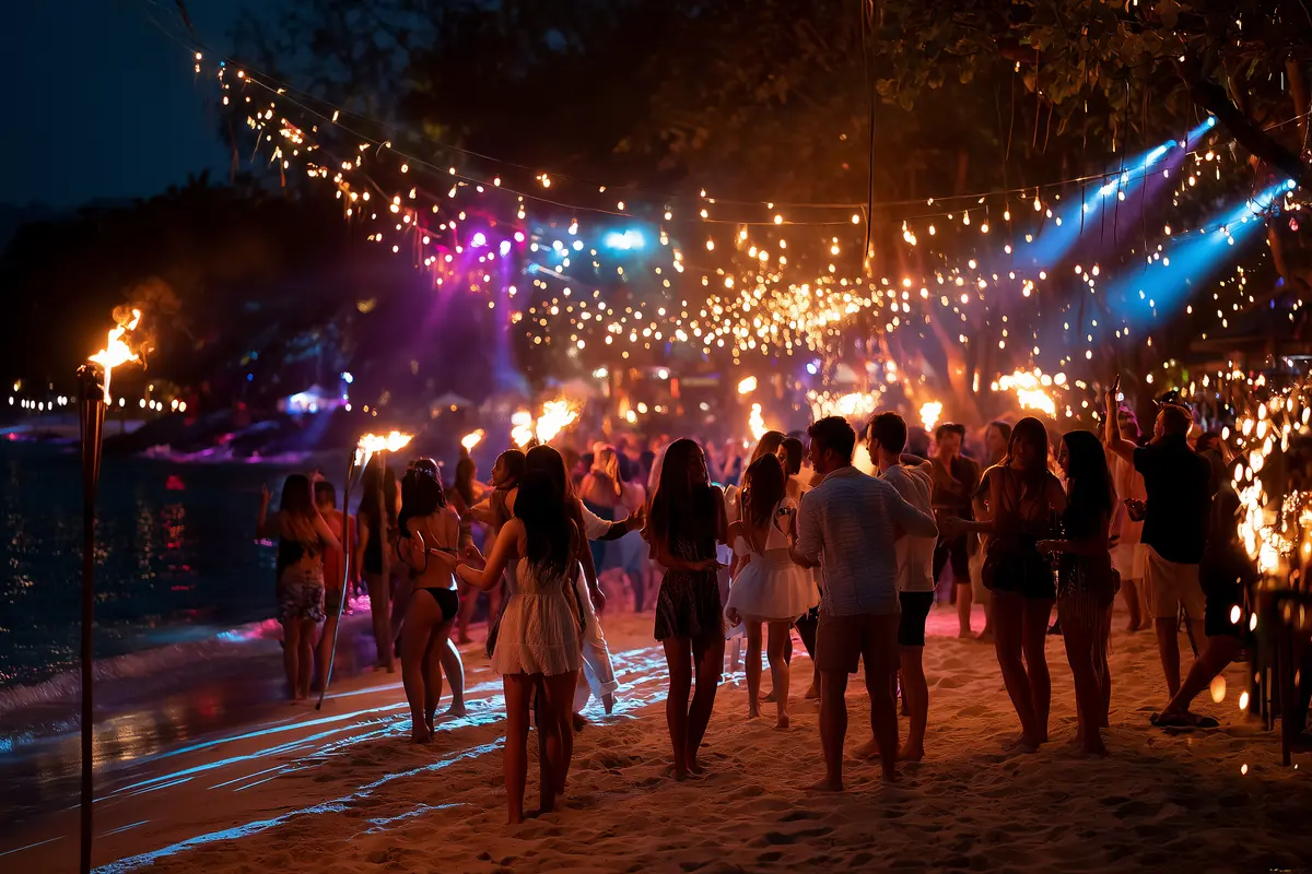 Soiree beach club de nuit a Pattaya, foule dansant sur le sable sous les torches et guirlandes au bord de la mer