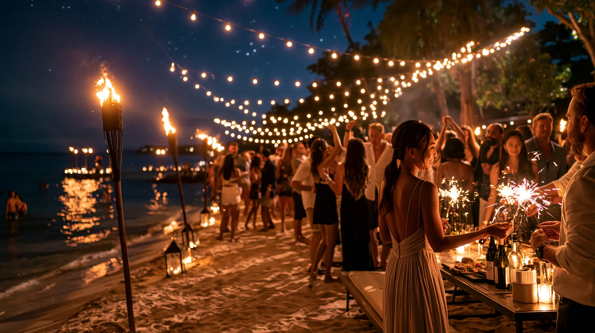 Beach club de nuit a Pattaya en pleine fete au bord de la mer, guirlandes lumineuses, torches et cierges magiques, invites qui celebrent