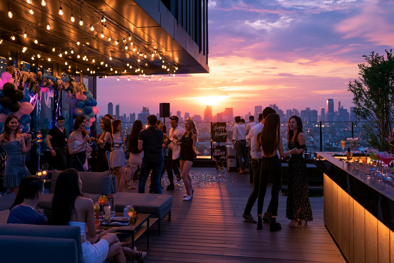 Festive rooftop birthday party in Bangkok at golden hour