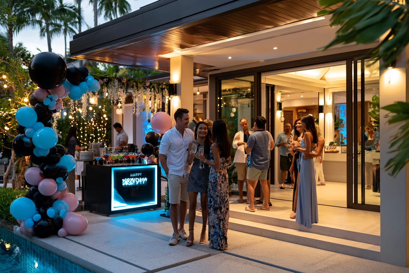 Guests arriving with welcome cocktails at a birthday party in Thailand