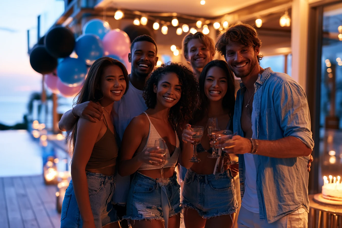Friends celebrating together at a birthday party in a Thai villa