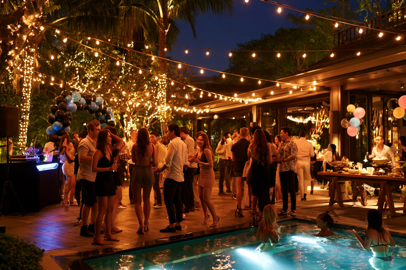 Friends at a lively night pool party for a birthday in Thailand