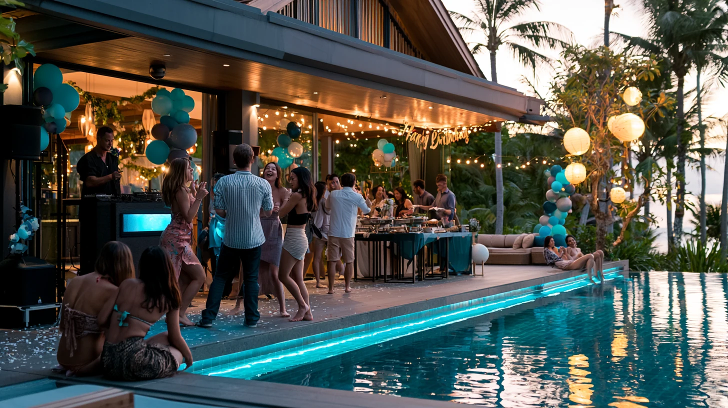 Festive birthday pool party at a private villa in Thailand