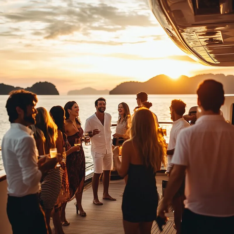 Yacht aft deck party at sunset Andaman Sea
