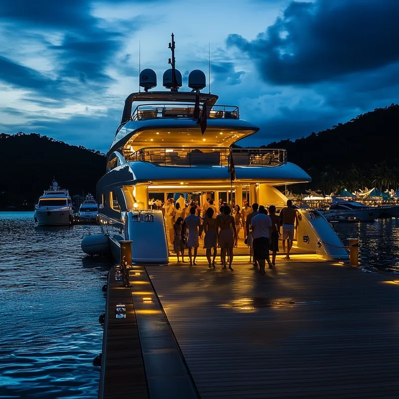 Group disembarking yacht Phuket marina blue hour