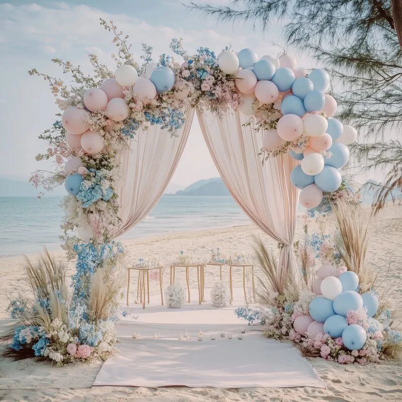 Luxury gender reveal beach setup pastel arch Thailand
