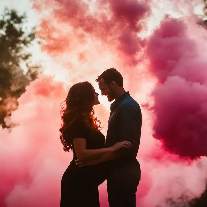 Couple silhouettes embracing in pink smoke gender reveal