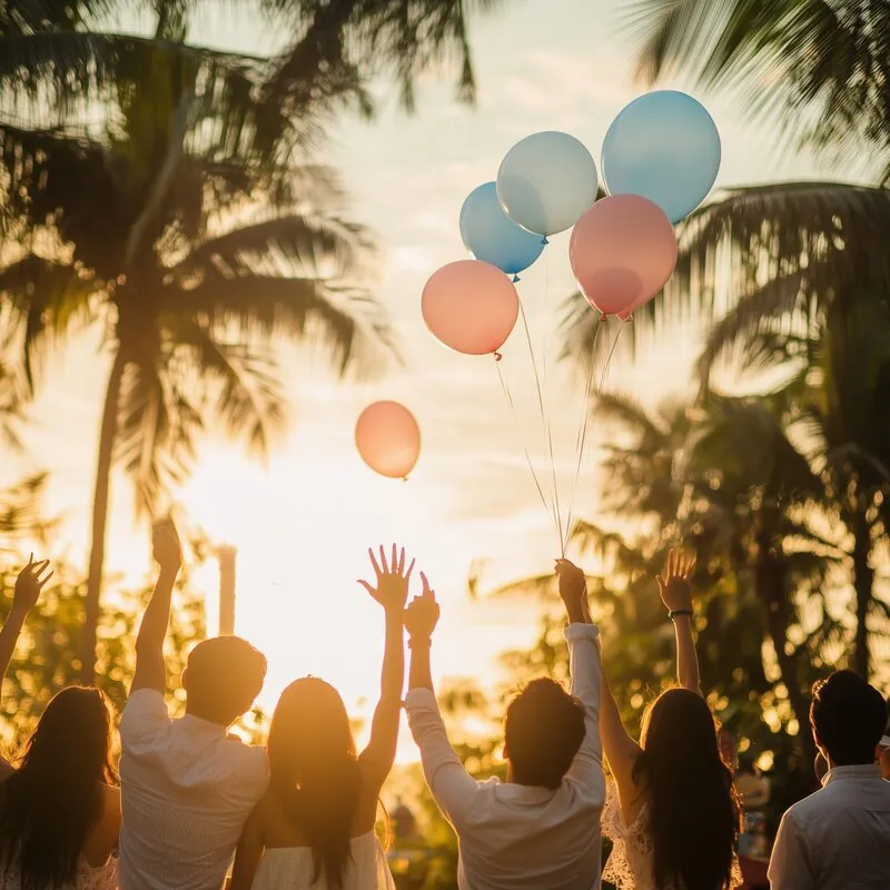 Family releasing pastel pink and blue balloons golden hour Thailand
