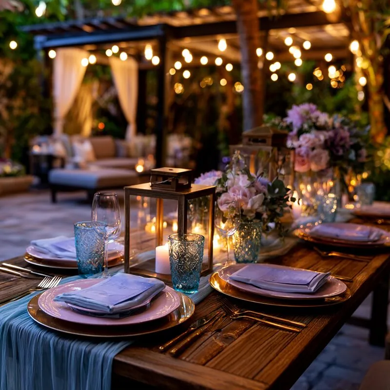 Luxury outdoor pastel dinner setup pergola string lights gender reveal
