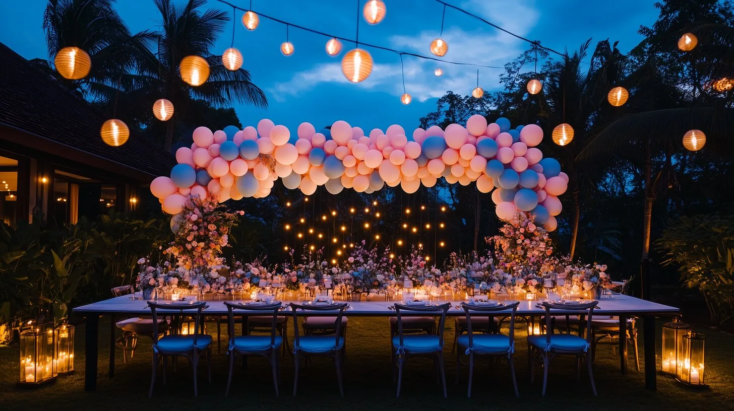 Gender reveal venue twilight illuminated balloon arch table Thailand