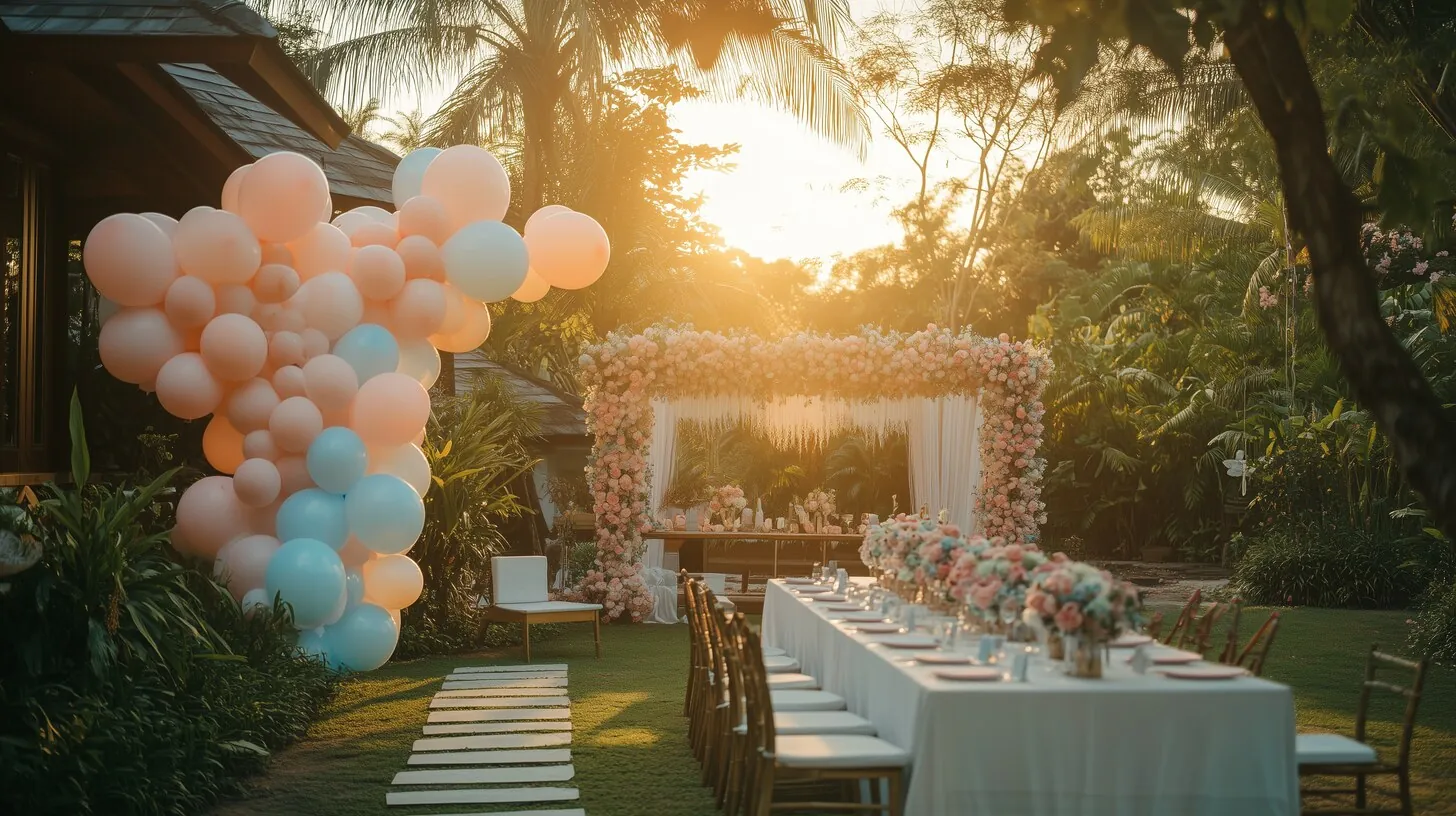 Luxury gender reveal celebration setup pastel garden Thailand