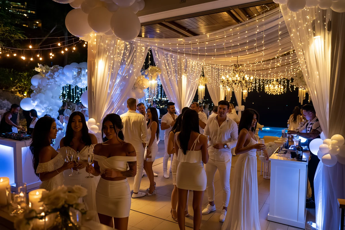 Elegant all-white themed party on a Pattaya rooftop villa terrace with sea view