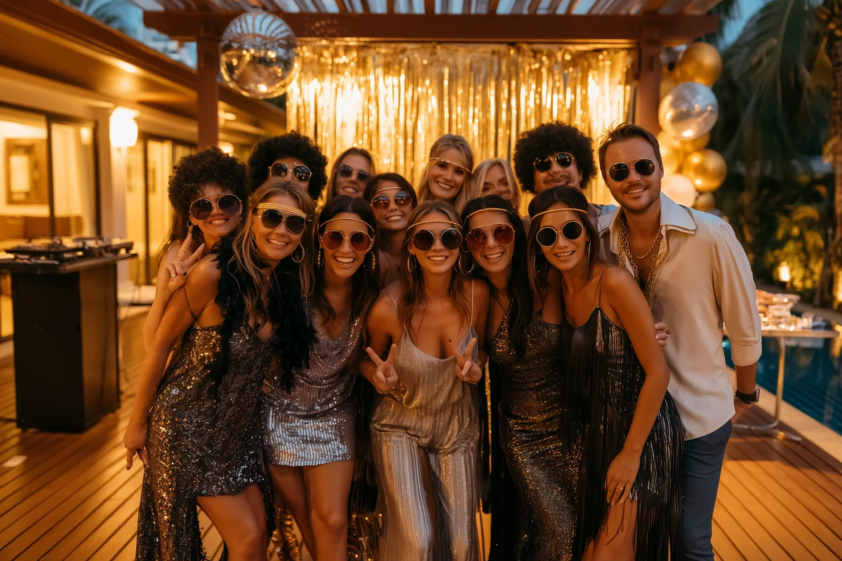 Guests dressed up for a 1970s disco theme party at a private Pattaya villa, with sequins, retro sunglasses and a disco ball