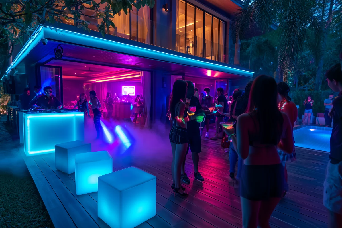 Neon themed night party at a Pattaya rental villa with DJ, glowing LED bar, colorful cocktails and fog effects