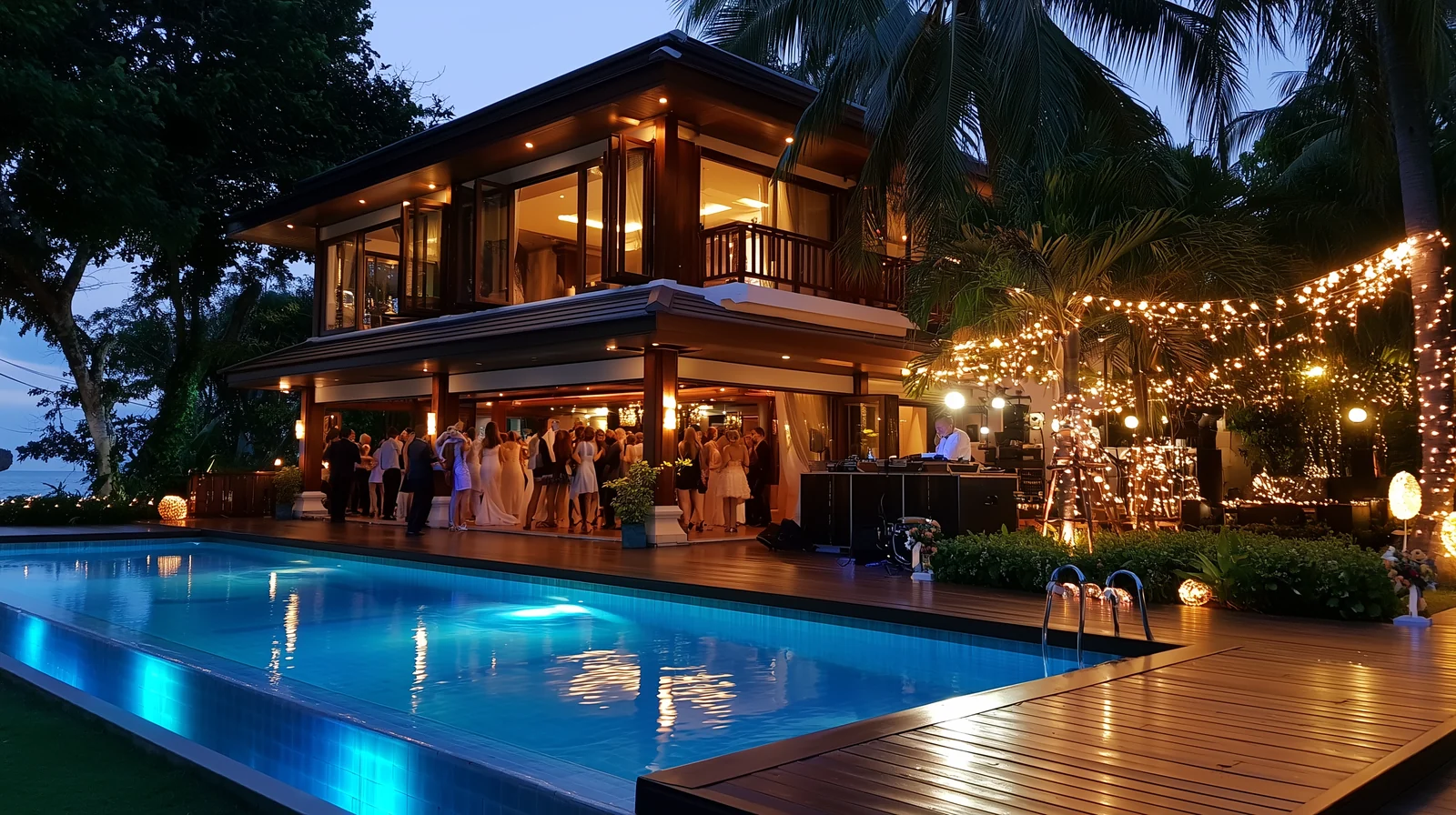 Elegant evening villa party in Pattaya with pool, string lights and guests celebrating at dusk