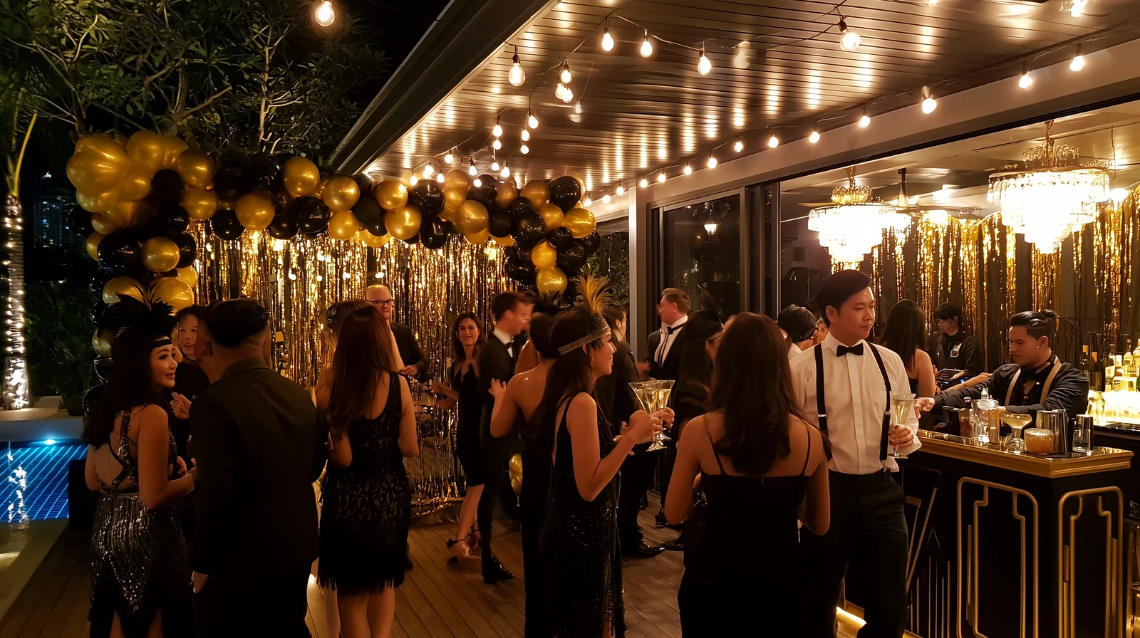 1920s Great Gatsby themed party at a Pattaya pool villa with black and gold balloon decor