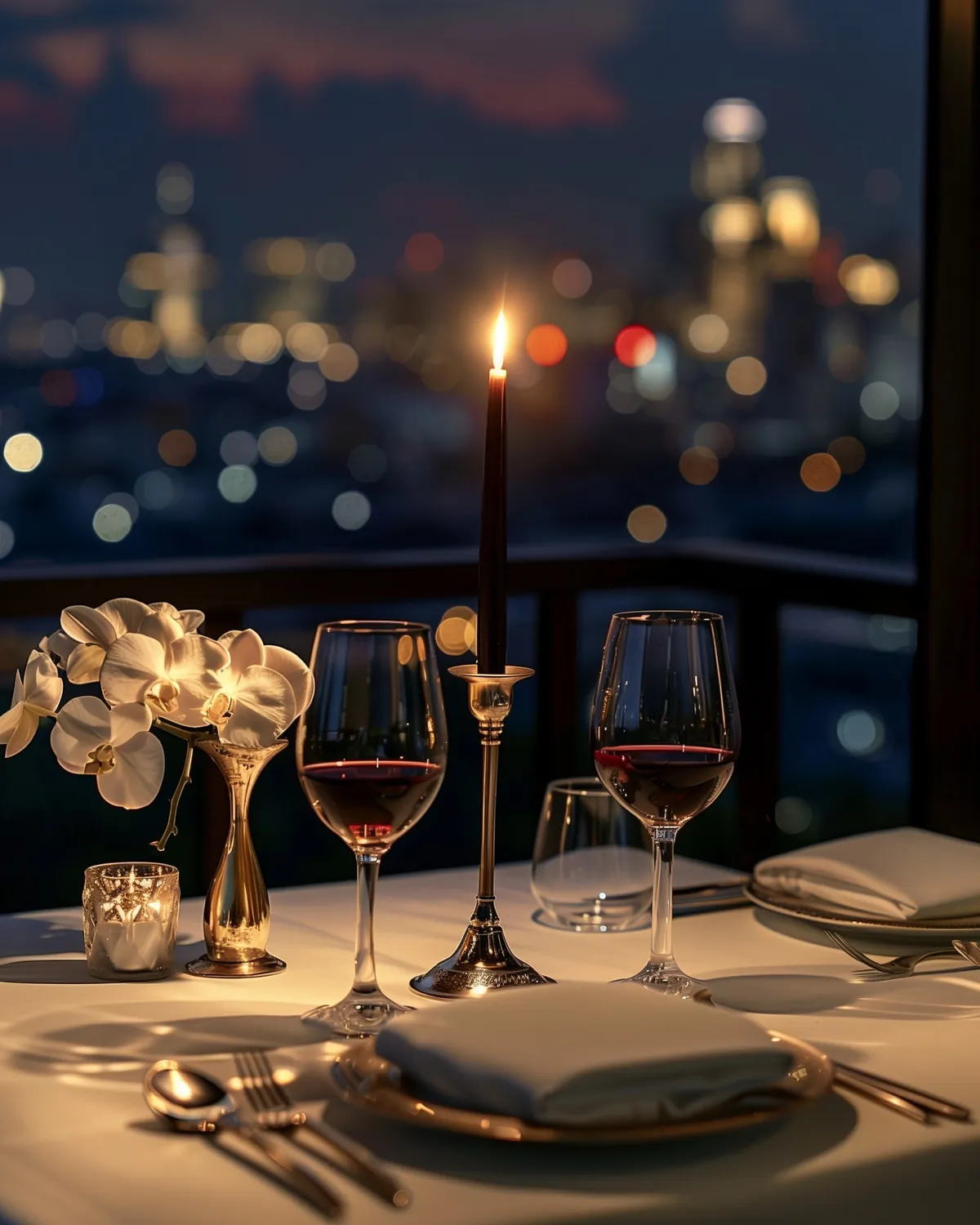 Exclusive Bangkok rooftop fine dining table for two candlelight orchids skyline view Thailand