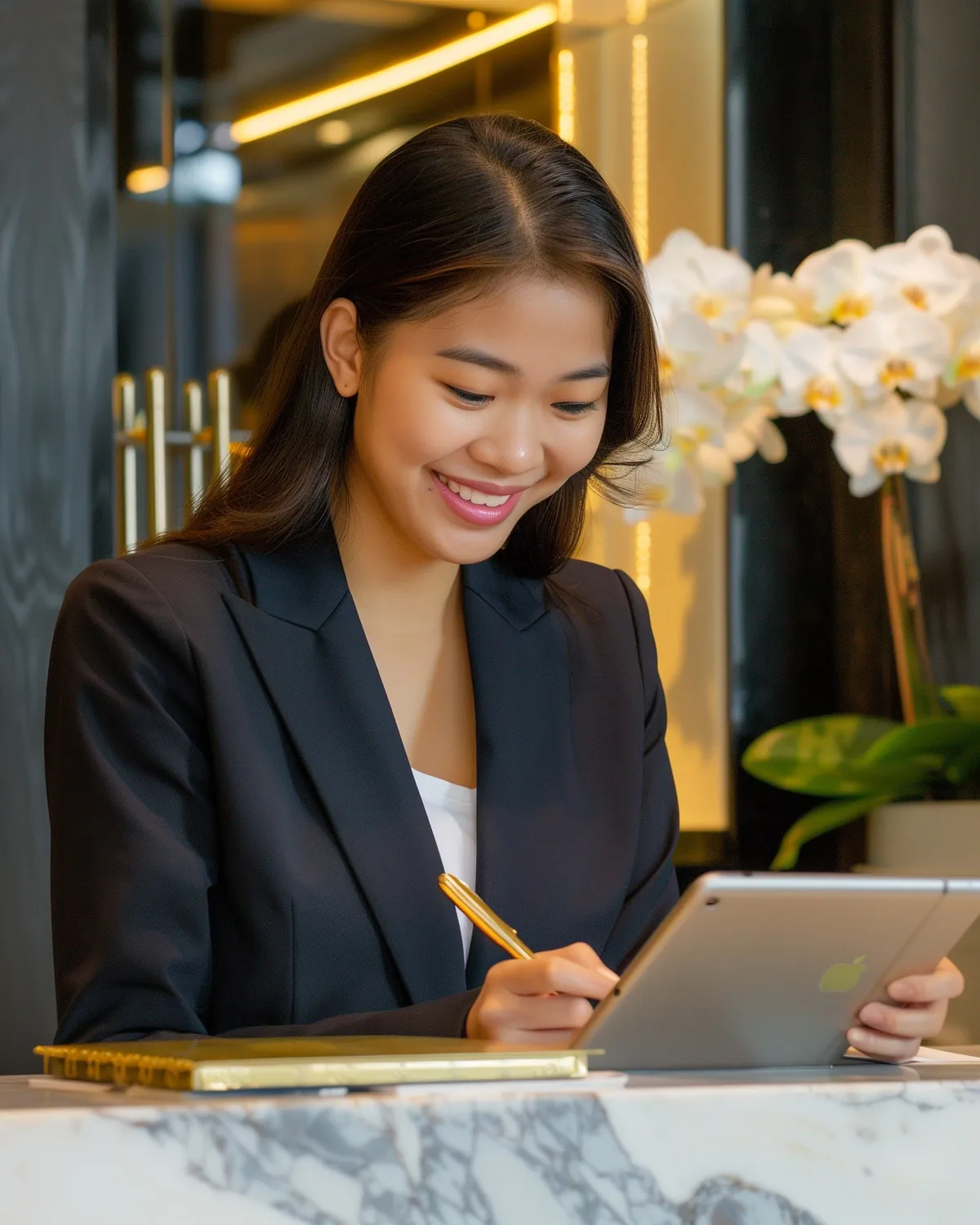 Thai luxury hotel concierge personal daily service tablet marble desk orchids Thailand