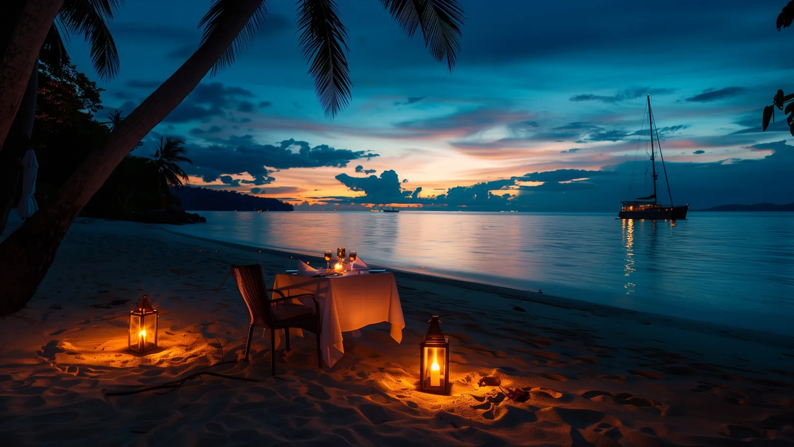 Private beach dinner table sunset luxury yacht offshore lanterns Thailand VIP signature experience