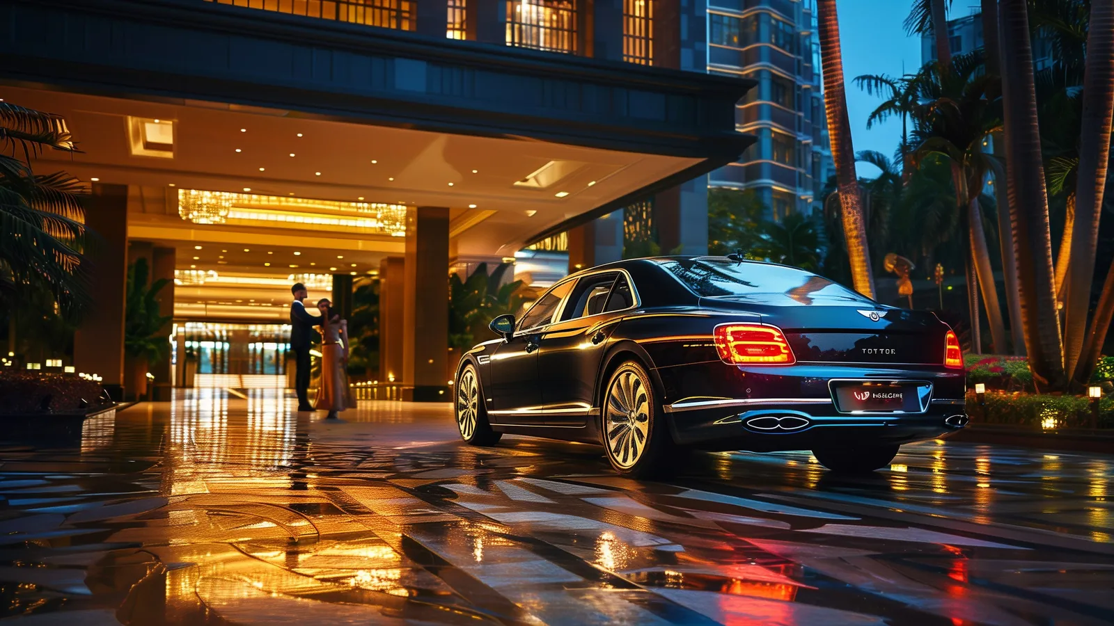 Luxury black sedan arriving at five-star Bangkok hotel entrance evening blue hour Thailand VIP service
